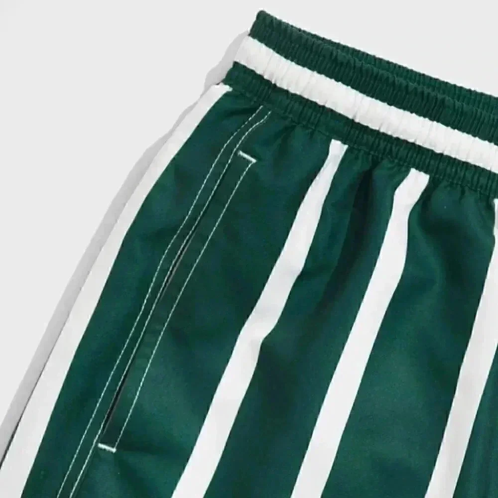 Green Vacation Style Striped Men's Swim Trunks